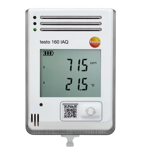 دیتالاگر wifi با صفحه نمایش و سنسور داخلی دما، رطوبت، co2 و فشار اتمسفریک | testo 160 IAQ - WiFi data logger with display and integrated sensors for temperature, humidity, CO2 and atmospheric pressure